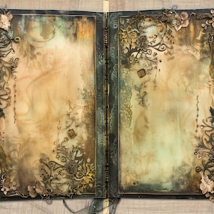 Könnte beinhalten: Ein geöffnetes Journal im antiken Stil mit einem verwitterten, gealterten Papierhintergrund. Der Einband ist mit filigranen Metallverzierungen und floralen Mustern in Gold- und Brauntönen verziert.