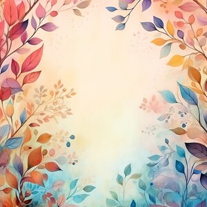 Puede incluir: Pintura acuarela de un borde floral con hojas en tonos de azul, rosa, rojo, naranja y amarillo. Las hojas están dispuestas en un patrón circular alrededor de un fondo blanco.