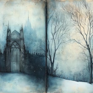 May include: A watercolor painting of a gothic gate with a tall, stone wall and a dark, misty background. The gate is open and leads to a path that disappears into the mist. The painting is done in shades of blue and gray.