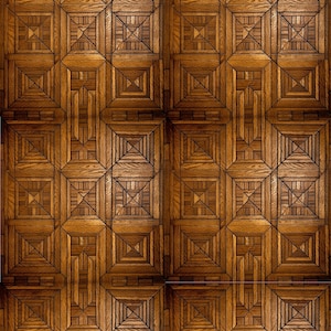 Könnte beinhalten: Eine Nahaufnahme eines Holzbodens mit geometrischem Muster. Der Boden ist aus dunkelbraunem Holz und hat eine glänzende Oberfläche.