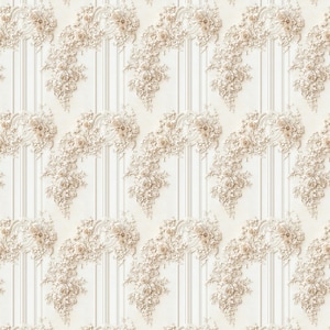 May include: A white background with a repeating pattern of raised, white floral designs. The floral designs are in a vertical row and are arranged in a symmetrical pattern.