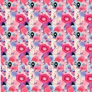 May include: A seamless pattern featuring pink, blue, and white flowers with black centers. The background is a light pink with white dots and blue and pink brushstrokes.