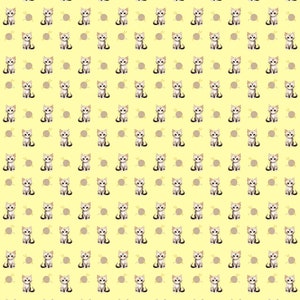 Puede incluir: Un patrón sin costuras que presenta un diseño repetitivo de gatitos blancos jugando con ovillos de lana sobre un fondo amarillo pálido.