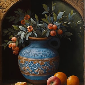 Puede incluir: Un jarrón de cerámica azul y marrón con un diseño floral, lleno de flores de azahar y hojas verdes. El jarrón está sentado sobre una superficie de madera con tres naranjas y una manzana roja.