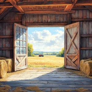 May include: A wooden barn with two open doors revealing a view of a field with a red tractor in the distance. The barn floor is made of wood planks and there are two bales of hay in the foreground.