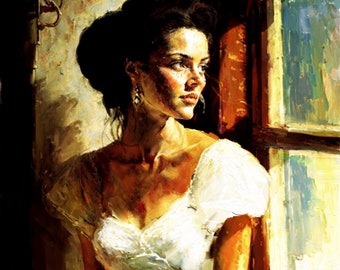 May include: A woman with dark hair and a white dress looks out a window. The light from the window illuminates her face and the room behind her.