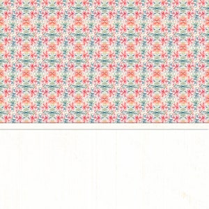 May include: A white wood panel with a floral pattern border. The floral pattern is a repeating design of pink, blue, and green flowers.