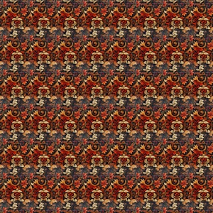 Puede incluir: Un patrón sin costuras que presenta un diseño repetitivo de motivos florales estilizados en tonos naranja, rojo y marrón sobre un fondo azul oscuro.