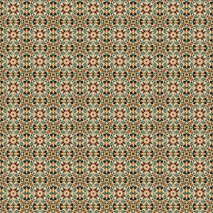 Op de afbeelding: Een herhalend geometrisch patroon met een complex ontwerp. Het patroon gebruikt vormen in teal, rood, zwart en beige, waardoor een complexe en symmetrische opstelling ontstaat. Het algehele effect doet denken aan een mozaïek of textielontwerp.
