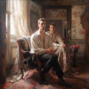 May include: Two men in a room with a floral wallpaper, one sitting in a chair and the other standing. The man in the chair is wearing a white shirt and black pants, while the man standing is wearing a white shirt and patterned pants. The room is decorated with a floral wallpaper and a mirror.
