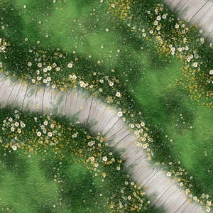May include: Overhead view of a garden path with wooden planks and vibrant green grass. White and yellow wildflowers border the path, creating a natural, textured design. The image evokes a sense of tranquility and outdoor beauty.