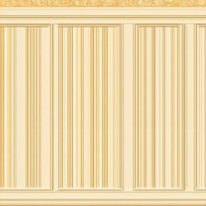 May include: A decorative wall panel design featuring vertical stripes in shades of cream and gold. The panel is framed with a cream-colored border and adorned with floral patterns. The overall aesthetic is classic and elegant.