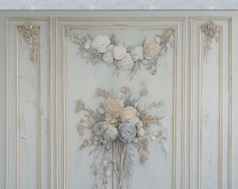 Dollhouse Wallpaper, Blue Floral Painted Decorative Panels--JPG Files--Instant Download