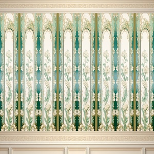 May include: A vintage wallpaper design featuring a repeating pattern of green and white floral arches. The wallpaper is framed by a white dado rail with decorative moulding.