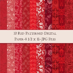 Puede incluir: Diez diseños de papel digital en rojo con varios patrones. Cada diseño mide 21,6 cm x 27,9 cm.