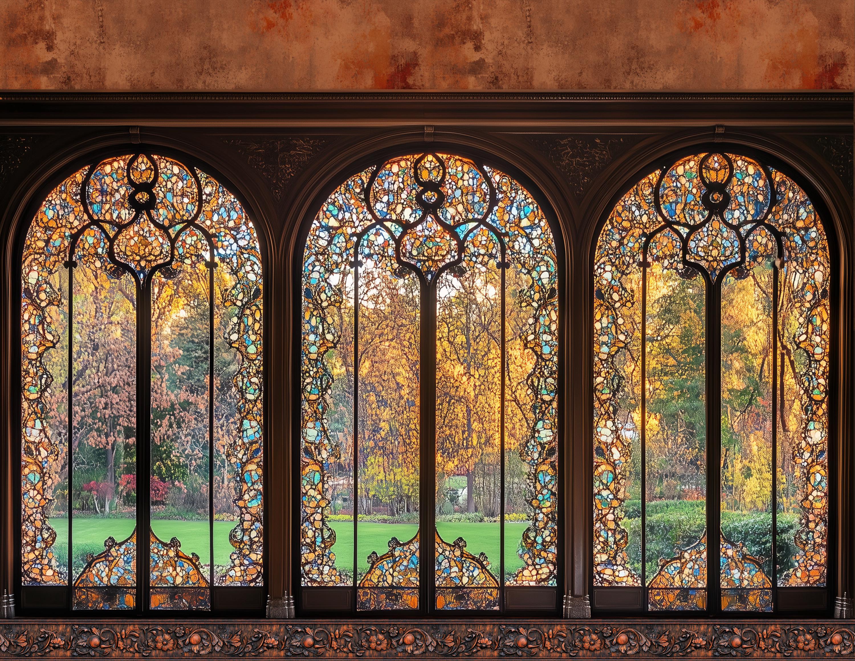 Two Landscape Oriented Romanesque Revival Window Wall Panels With Plain