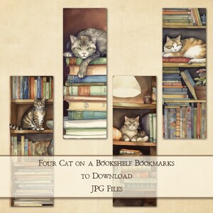 Pode incluir: Quatro marcadores de página imprimíveis com ilustrações de aquarela de gatos em estantes. Cada marcador de página apresenta uma pose de gato e um arranjo de estante diferentes. Os marcadores de página são intitulados "Four Cat on a Bookshelf Bookmarks" e "To Download JPG Files".