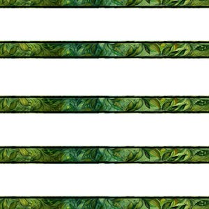 May include: Green and yellow leaf pattern on a white background. The design features horizontal bands of detailed foliage, with a dark border. The leaves have a watercolor effect, creating a natural and artistic look. The repeating pattern is suitable for various design applications.