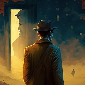 Mystery/Science Fiction/Speculative Fiction Novel Cover Art--Man in Hat in Abstract Cityscape--Sized for Kindle--Instant Download--Premade