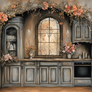 May include: A vintage-style kitchen with a gray cabinet, a window with a stained glass design, and a black oven. The kitchen is decorated with floral arrangements and vines.