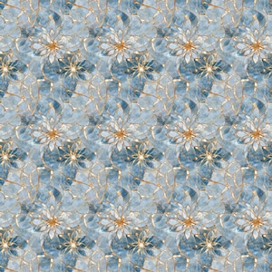 May include: A seamless pattern featuring intricate blue and gold floral designs. The flowers are stylized and have a geometric feel, with a delicate, almost translucent quality. The background is a light blue, creating a subtle contrast with the gold accents.