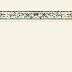 May include: A decorative border with a repeating pattern of green leaves, yellow flowers, and red berries.