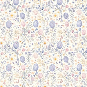 May include: A seamless pattern featuring watercolor illustrations of pastel blue and pink eggs, delicate flowers, and leafy branches on a white background.