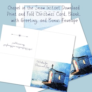 Chapel in the Snow Print and Fold Instant Download Christmas Card, with Greeting and Blank, along with Bonus Envelope