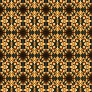 Op de afbeelding: Een naadloos patroon met een repeterend geometrisch ontwerp. Het patroon bestaat uit een reeks in elkaar grijpende sterren en ruiten in tinten goud, bruin en teal.
