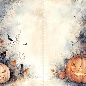 Puede incluir: Una pintura de acuarela que representa una escena de Halloween con dos calabazas talladas en forma de jack-o'-lantern, murciélagos y pájaros en un entorno boscoso. Las calabazas tienen caras talladas y ojos brillantes. El fondo es un suave azul y blanco descolorido.
