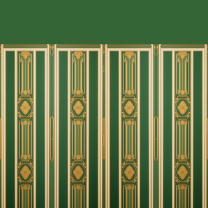 May include: A green wall with five panels, each with a gold and white decorative design. The panels are separated by thin white strips.
