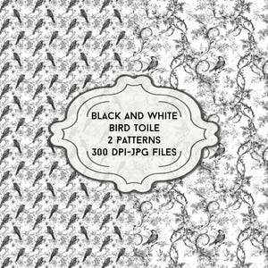 May include: Black and white bird toile patterns. Two digital patterns with a 300 DPI resolution.