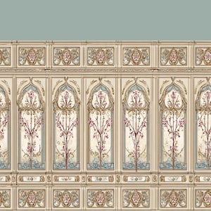 Puede incluir: Un patrón repetido de paneles de pared ornamentados con ventanas arqueadas, con diseños florales en rosa y morado. Los paneles están enmarcados en beige y dorado, con un fondo azul claro.