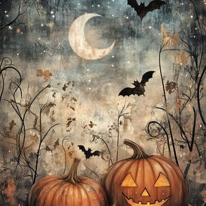 May include: Two carved pumpkins with glowing faces sit in a field of fallen leaves under a crescent moon and a starry sky. Bats fly overhead in the night sky.