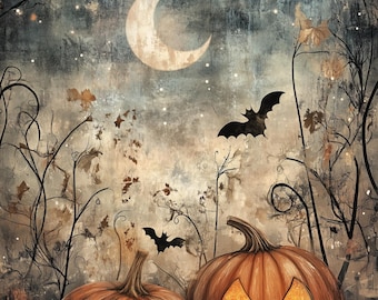 May include: Two carved pumpkins with glowing faces sit in a field of fallen leaves under a crescent moon and a starry sky. Bats fly overhead in the night sky.