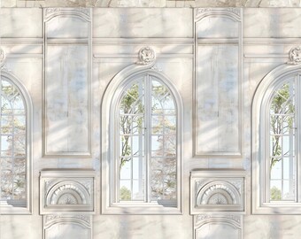 May include: A white wall with three arched windows, each with a view of trees and a blue sky. The wall is decorated with ornate moldings and a cracked ceiling.