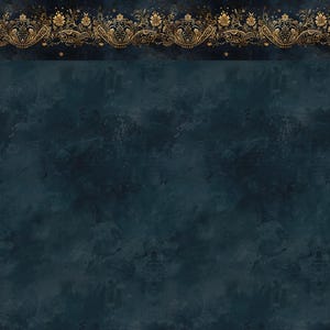 Puede incluir: Un fondo azul oscuro con un borde decorativo dorado. El borde presenta intrincados diseños florales y de desplazamiento.