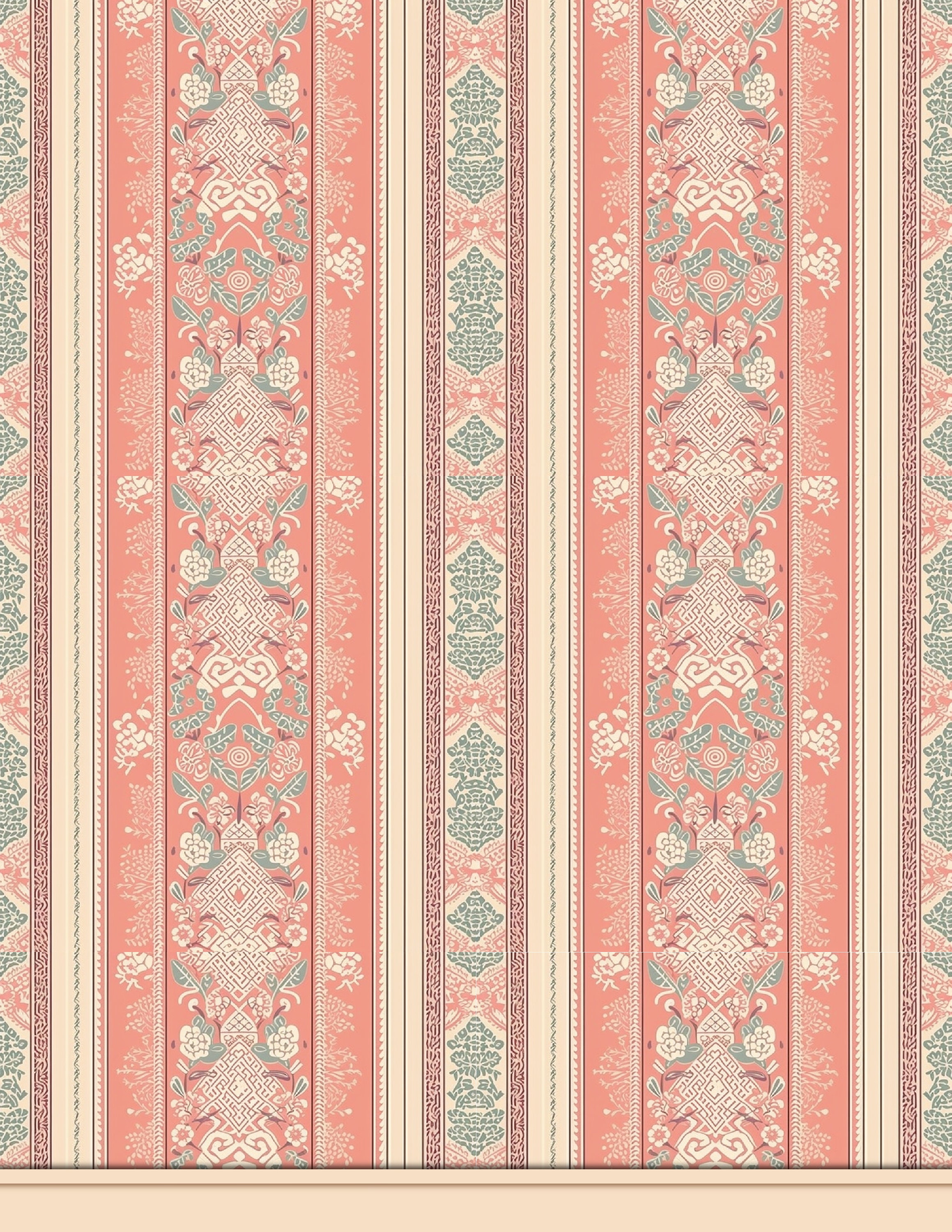 Printable Dollhouse Wallpaper, Coral Pink Striped Floral, With and