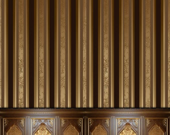 Puppenhaus Tapete, braun und gold gestreifte viktorianische Tapete, schlicht, Sockelleiste, dekorative Wandtäfelung - JPG - Sofortiger Download