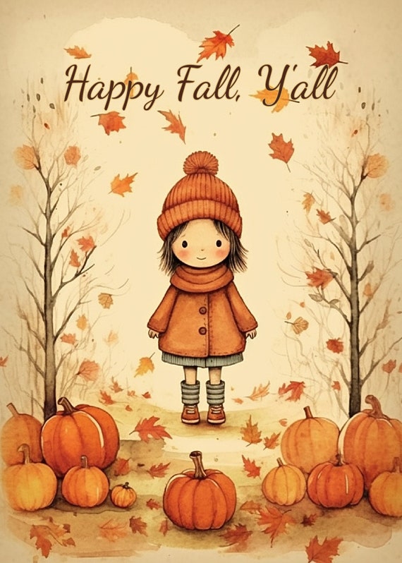 Cute Autumn Girl Card Designs for Instant Download--print at Home - Main Image