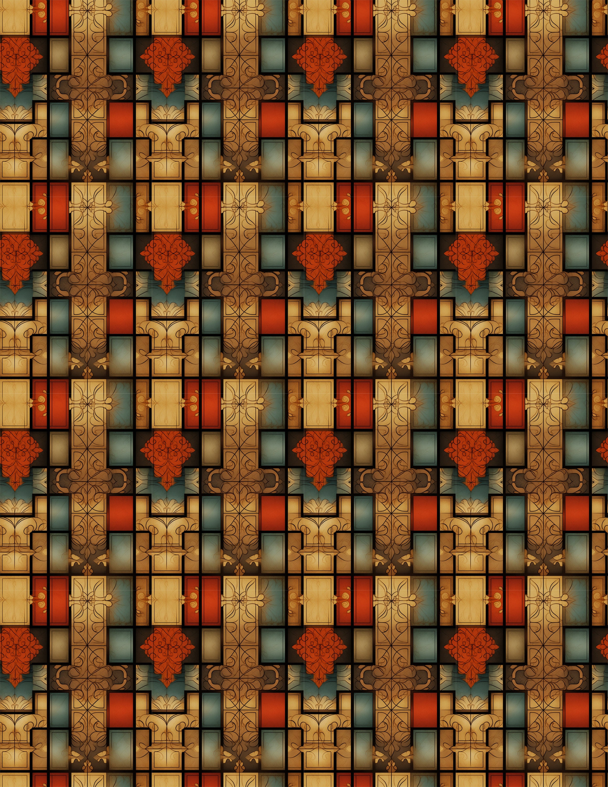 Tileable Funhouse Pattern Printable Dollhouse Flooring Five Sumptuous Teal, Gold and Rust Tiles ...