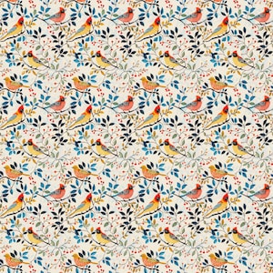 May include: A seamless pattern featuring red, yellow, and blue birds perched on branches with small red berries. The background is a light beige colour.