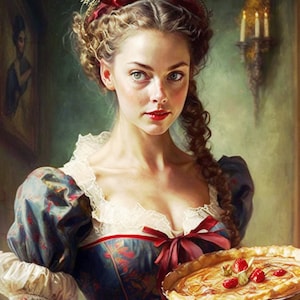 Come Taste My Wares--Digital Art Print of Buxom Young Woman Holding a Pie--8 x 10--Instant Download