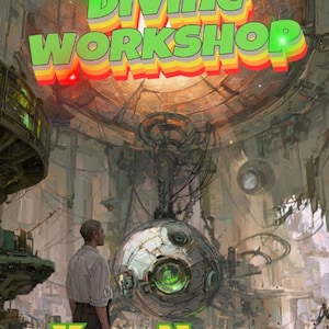 May include: A digital illustration featuring a person standing in a complex industrial space with a large spherical mechanical object suspended in the center. The text DIVINE WORKSHOP appears at the top and Your Name is at the bottom in green.