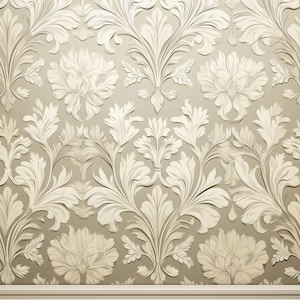 Puede incluir: Papel pintado beige y crema con un patrón floral repetido. El diseño presenta grandes flores y hojas estilizadas en relieve texturizado. En la parte inferior se ve un rodapié color crema.