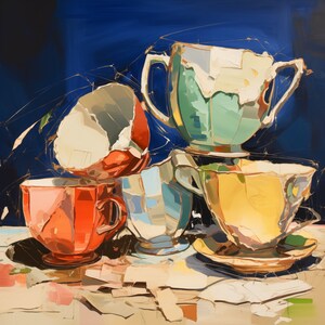 May include: A still life painting of four ceramic cups in various colors and shapes. The cups are arranged on a table with a white tablecloth. The cups are painted in a realistic style with details of cracks and chips.