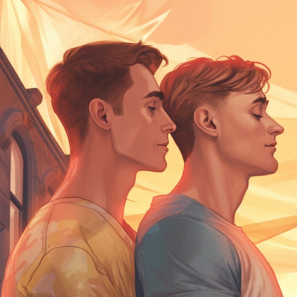 MM Romance/Gay Fiction Novel Cover Art--Two Young Men in T-Shirts in Sunset--Sized for Kindle--Instant Download--Premade