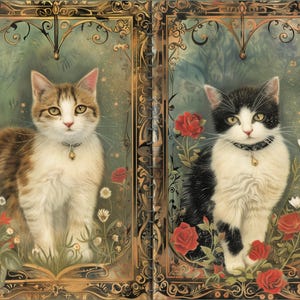 May include: Two cats, one tabby and one black and white, are depicted in a vintage style illustration. Both cats are wearing collars with charms and are surrounded by flowers and greenery. The background is a gold ornate frame.
