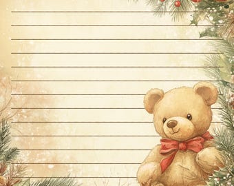 Carta da lettere a righe e non a righe con orsetto di Natale d'altri tempi da scaricare e stampare