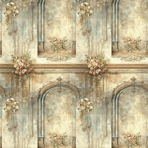 Op de afbeelding: Een vintage-stijl behang met een herhalend patroon van sierlijke bogen en bloemboeketten. De bogen zijn geschilderd in een lichtblauw en wit kleurenschema, terwijl de boeketten zacht roze en geel zijn. De achtergrond is lichtbeige.